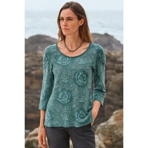 PERUVIAN CONNECTION Green Floral Cotton Blouse Shirt Top  Women's Size Large